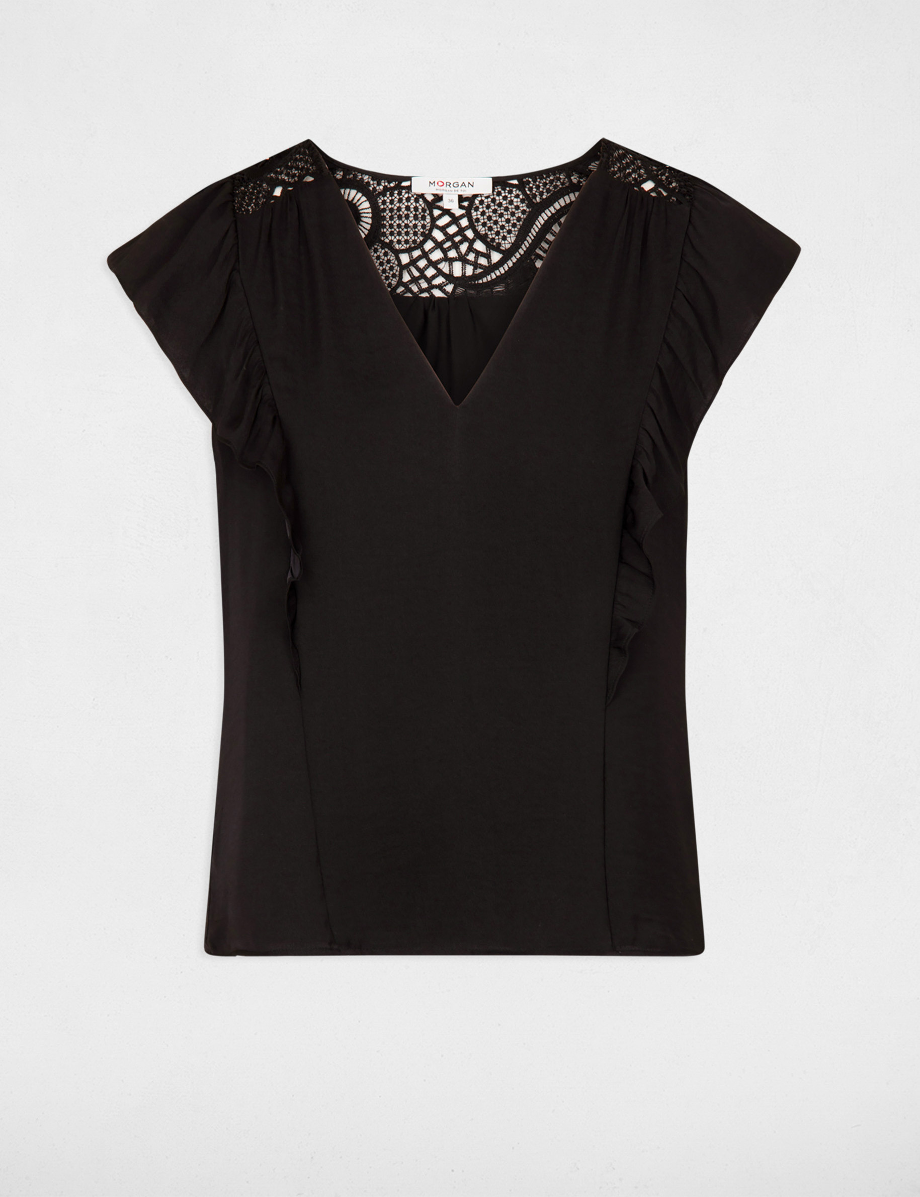 Blouse manches courtes volants noir femme