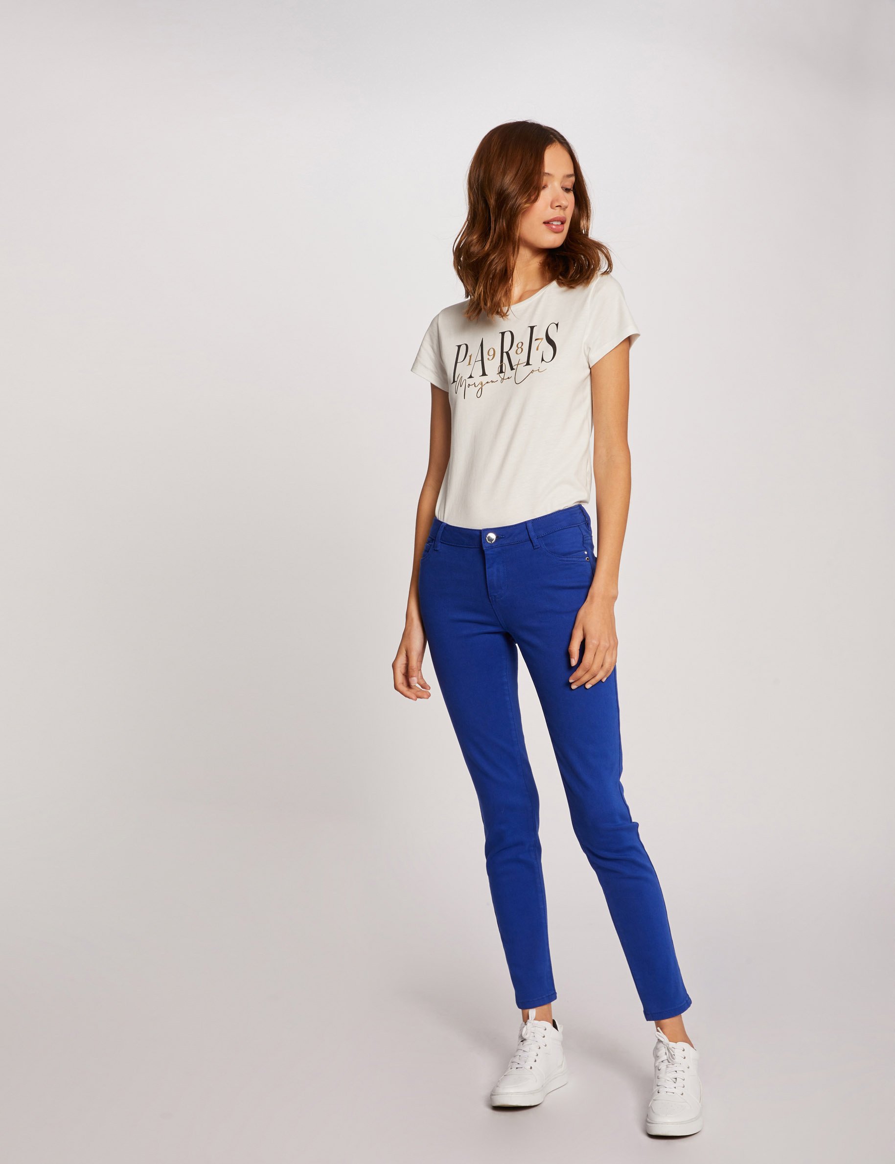 Pantalon skinny taille basse bleu electrique femme