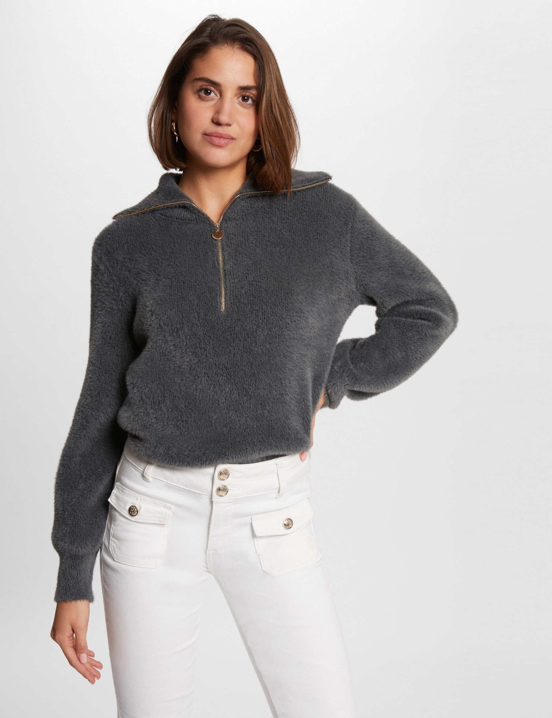 Pull manches longues à col zippé gris anthracite femme