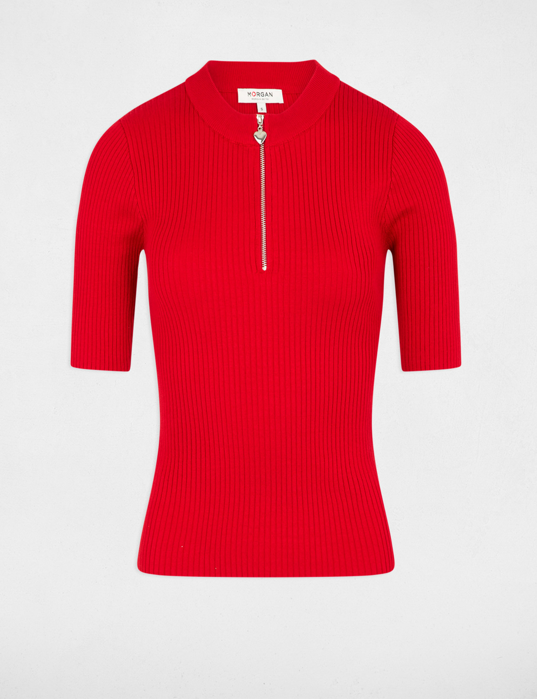 Pull manches courtes côtelé rouge femme