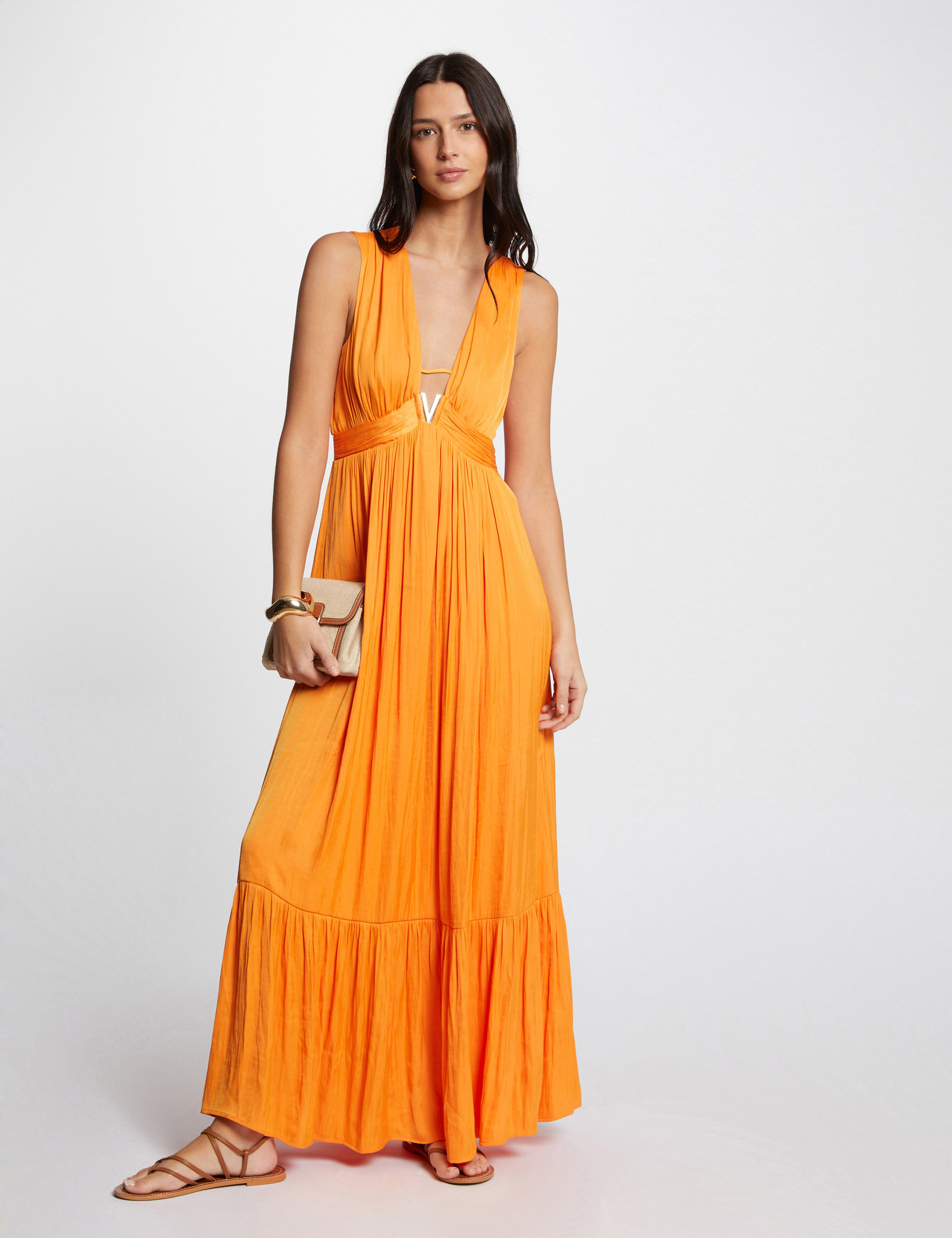 Robe longue évasée fluide orange femme