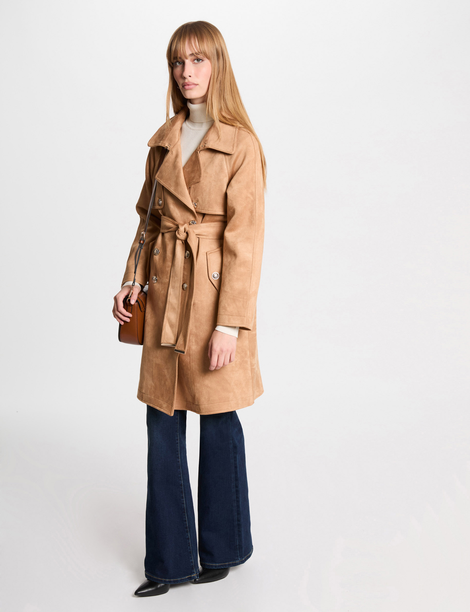 Trench long suédine caramel femme