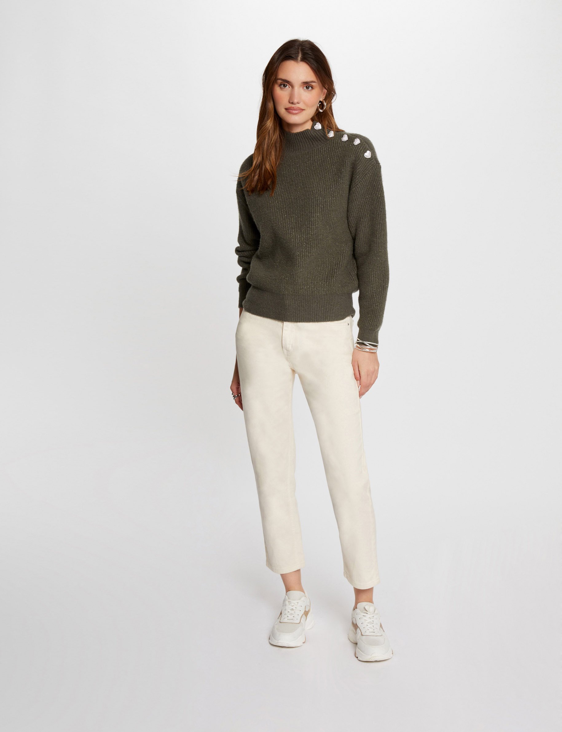 Pull manches longues avec boutons vert kaki femme