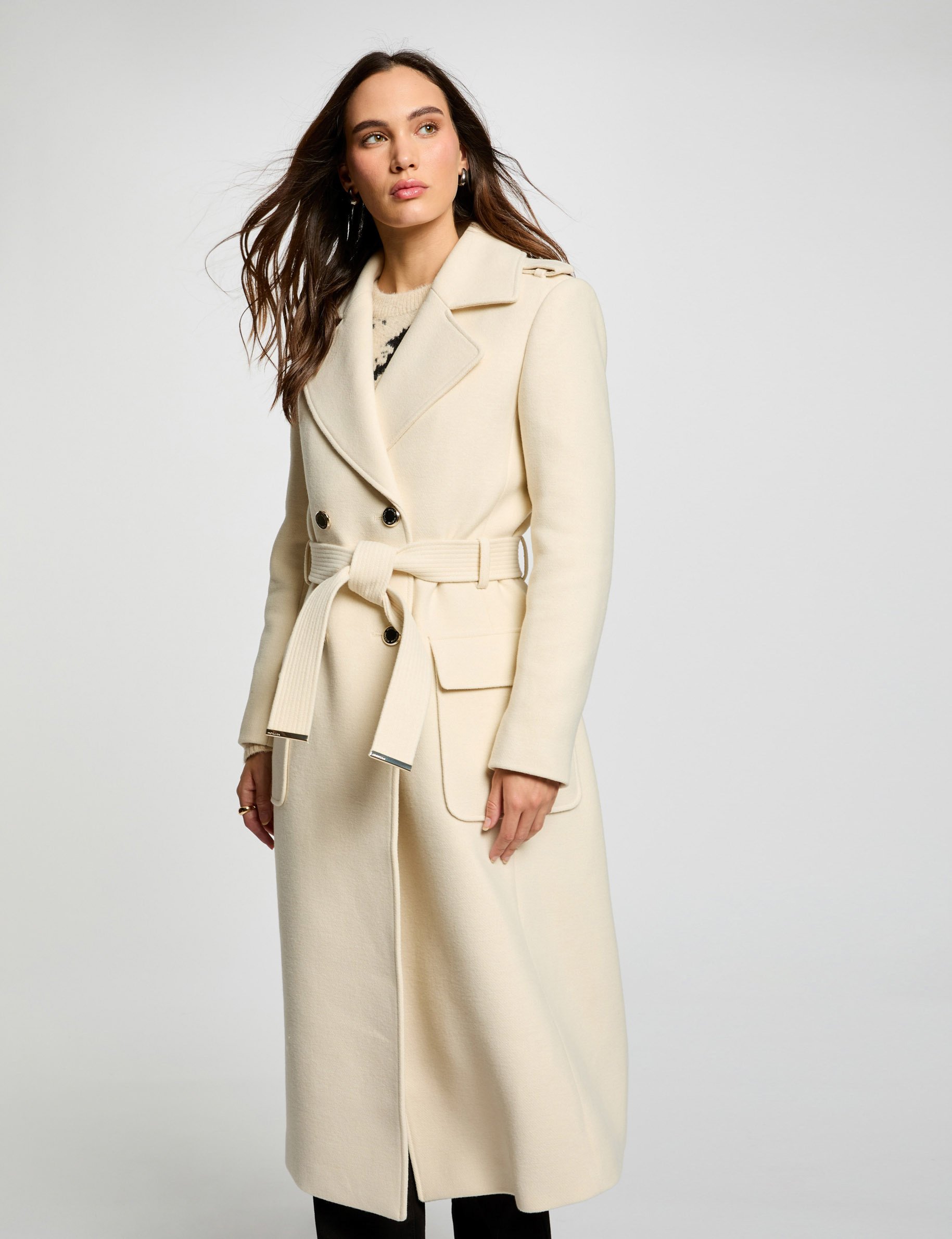 Manteau long ceinturé ivoire femme