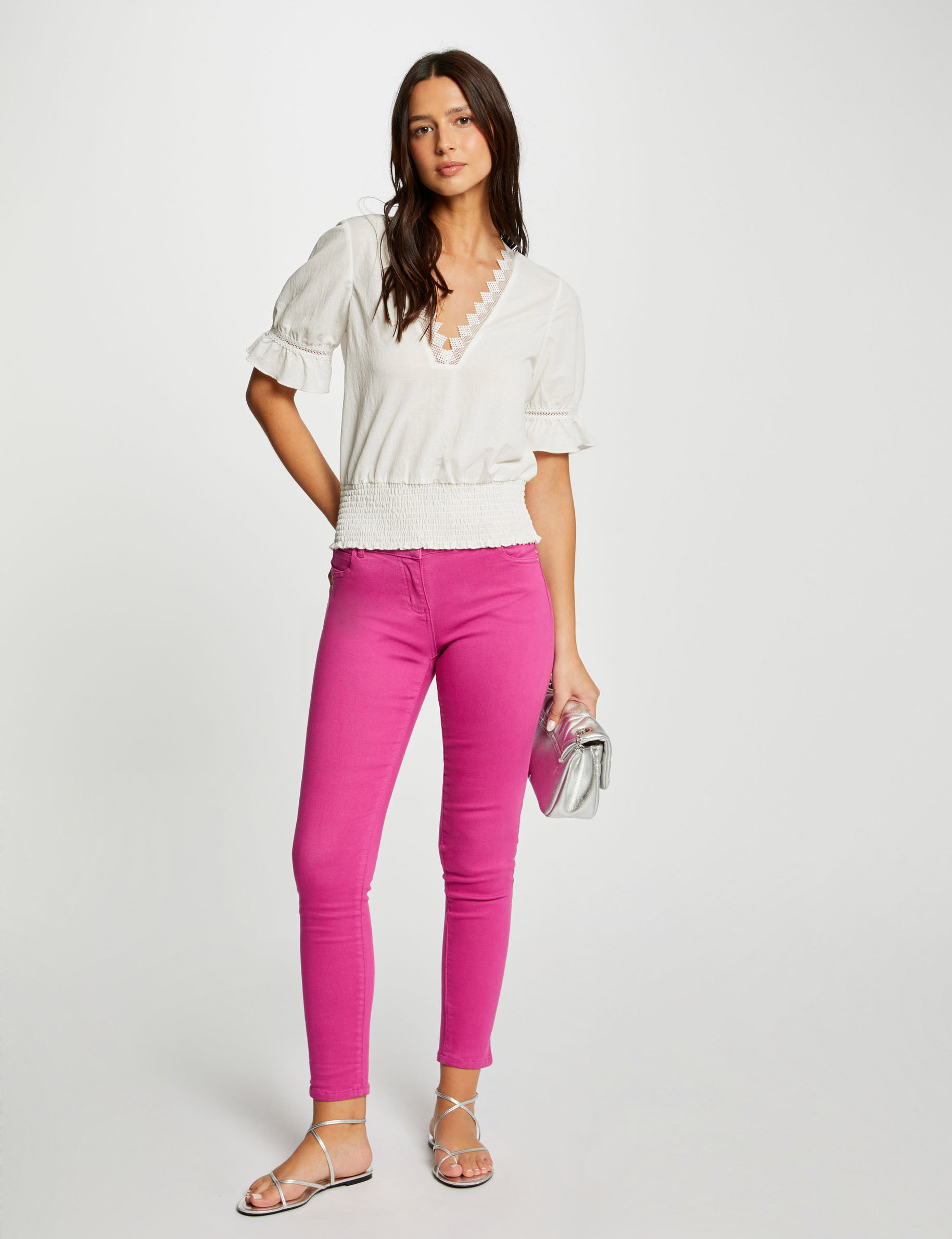 Skinny jeans met lage taille donkerroze vrouw