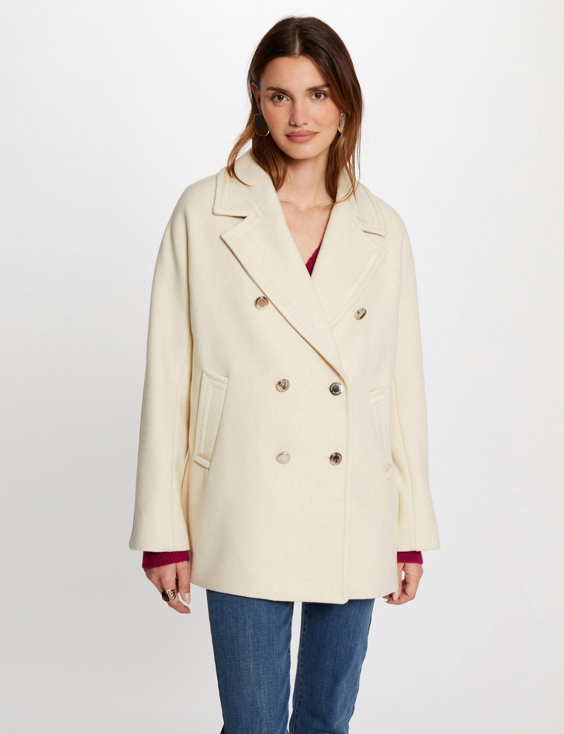 Manteau droit boutonné ivoire femme