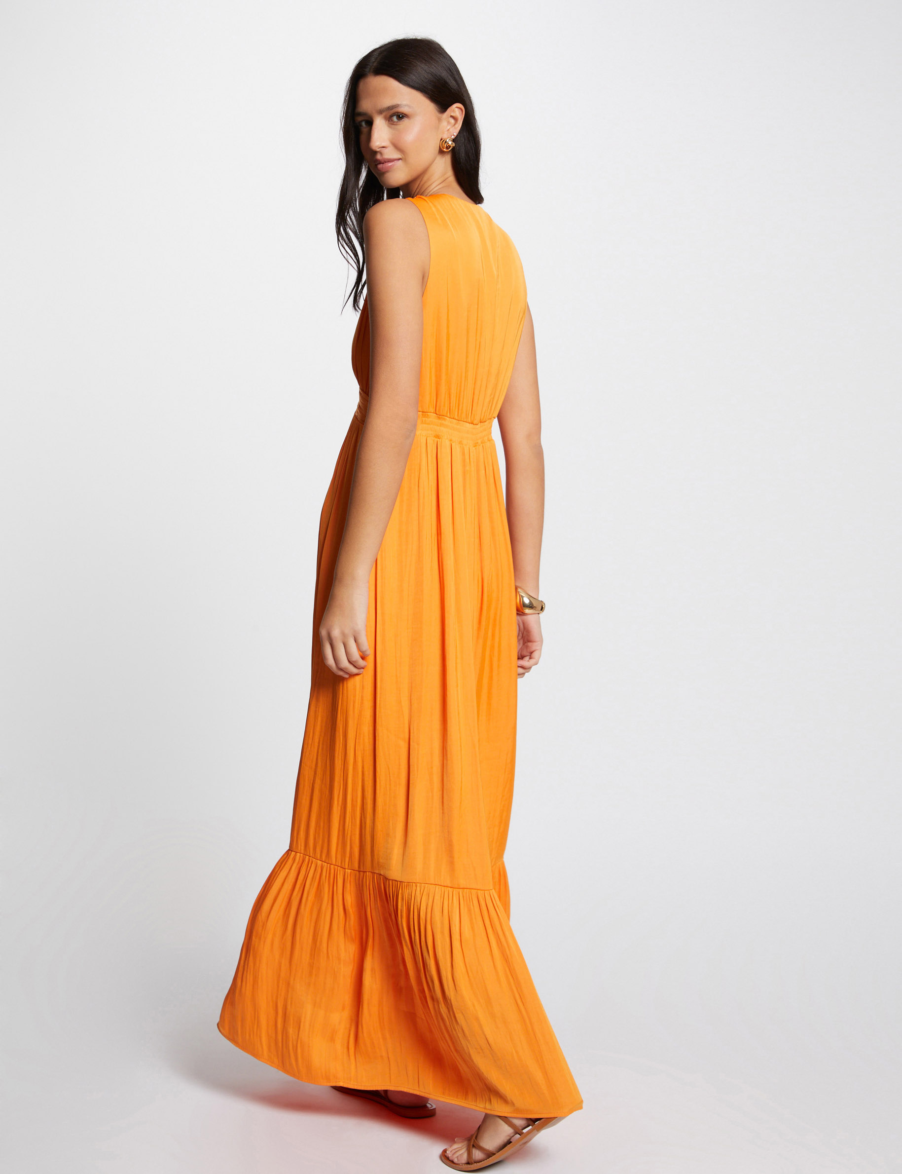 Robe longue évasée fluide orange femme