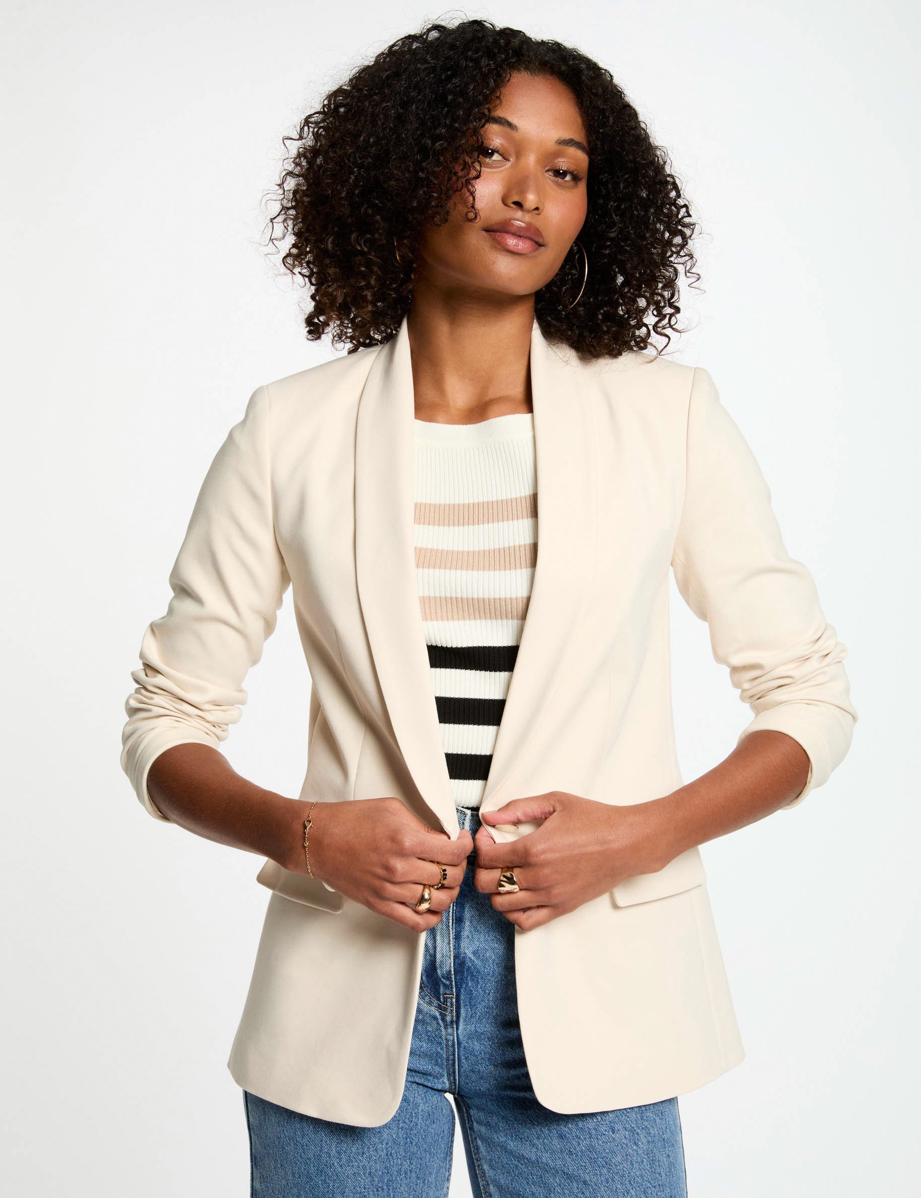 Veste courte col châle ivoire femme