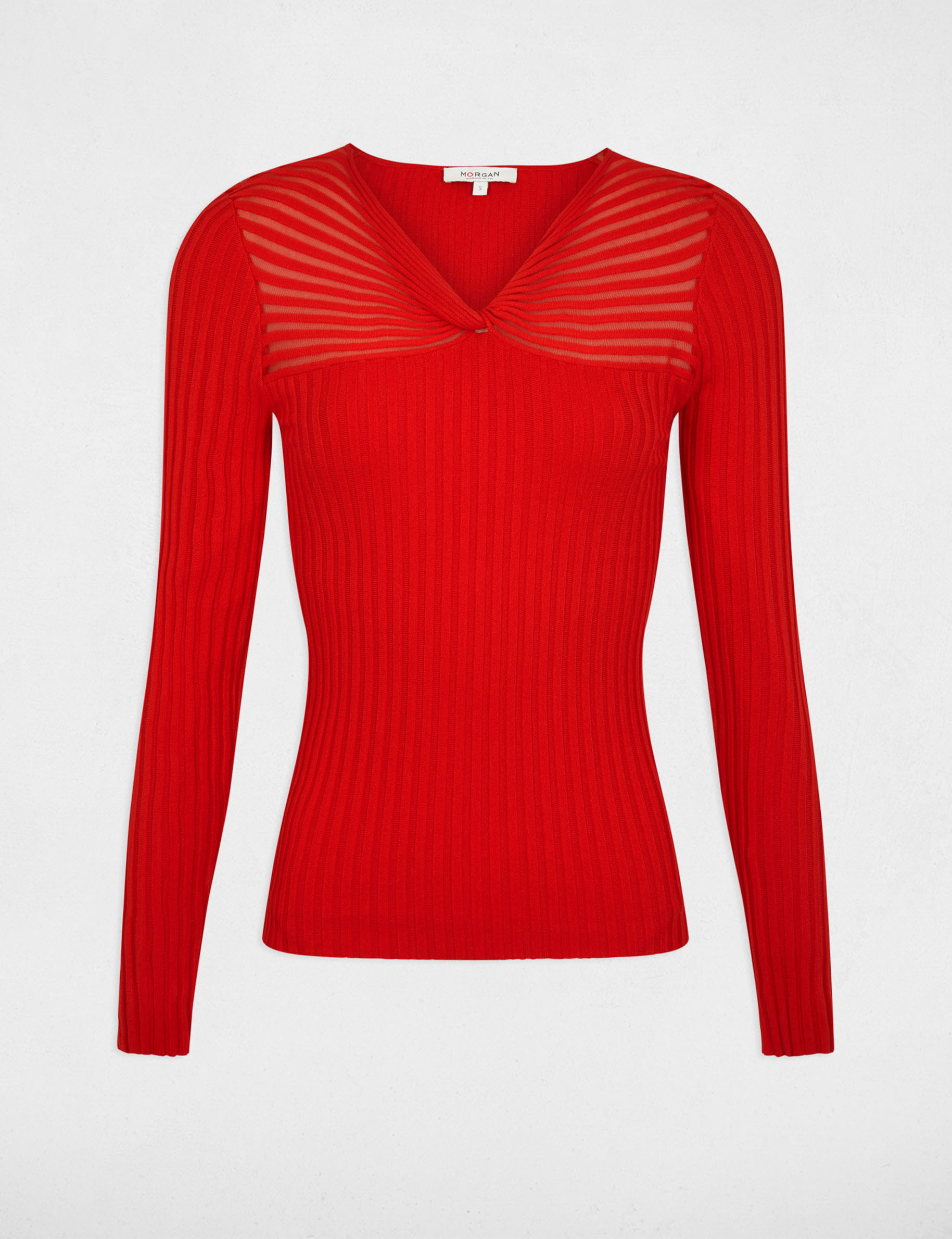 Pull col en V côtelé rouge femme