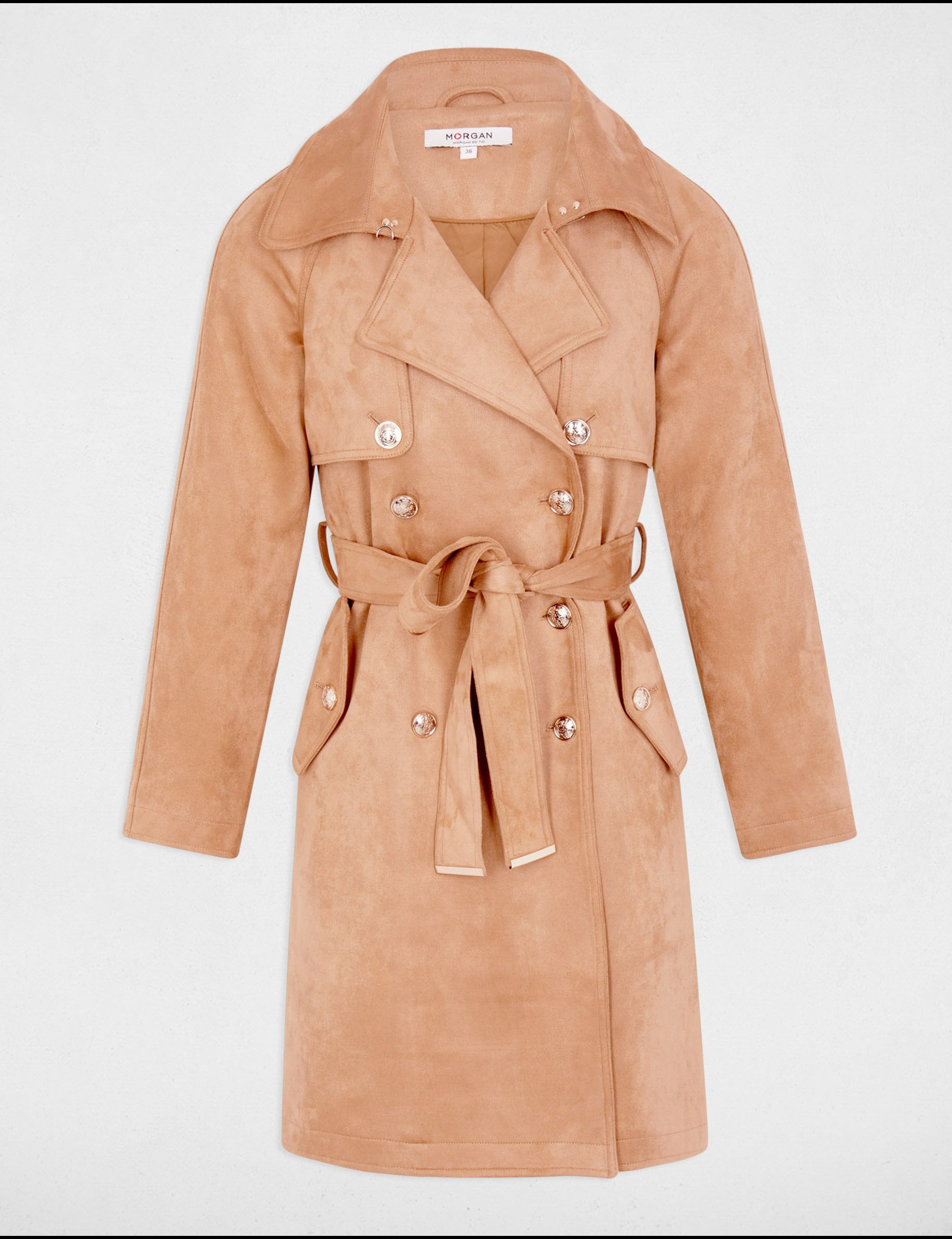 Trench long suédine caramel femme