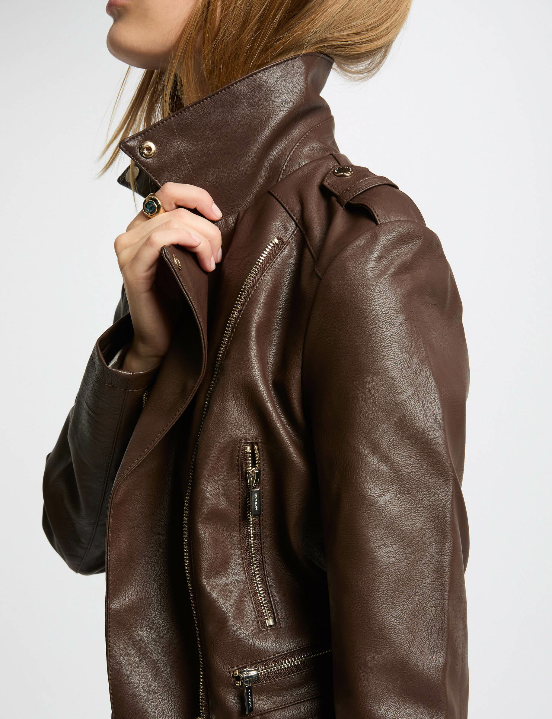 Blouson droit avec col cranté à revers marron femme